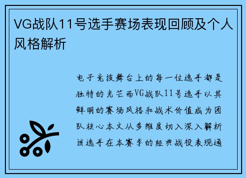 VG战队11号选手赛场表现回顾及个人风格解析