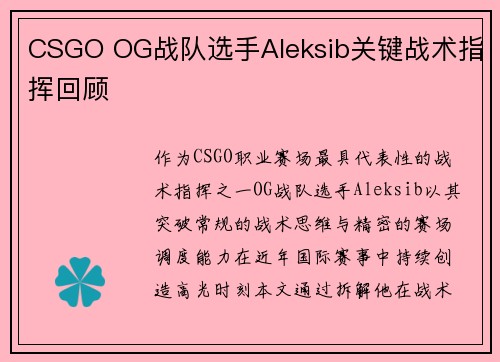 CSGO OG战队选手Aleksib关键战术指挥回顾